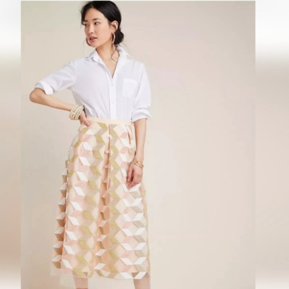 Anthropologie Eva Franco Arabella Skirt Embroidered Tulle Gold Pink